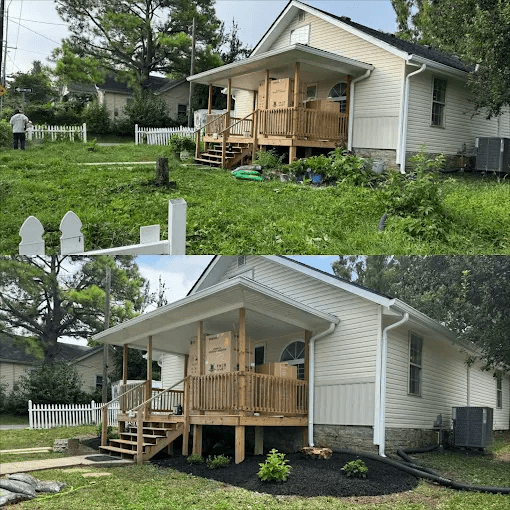 Cox Landscapes professional landscaping transformation - before and after comparison showing complete yard renovation in Nicholasville Kentucky